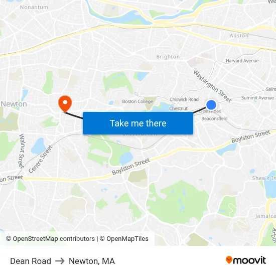 Dean Road to Newton, MA map