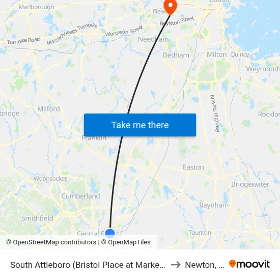 South Attleboro (Bristol Place at Market Basket) to Newton, MA map