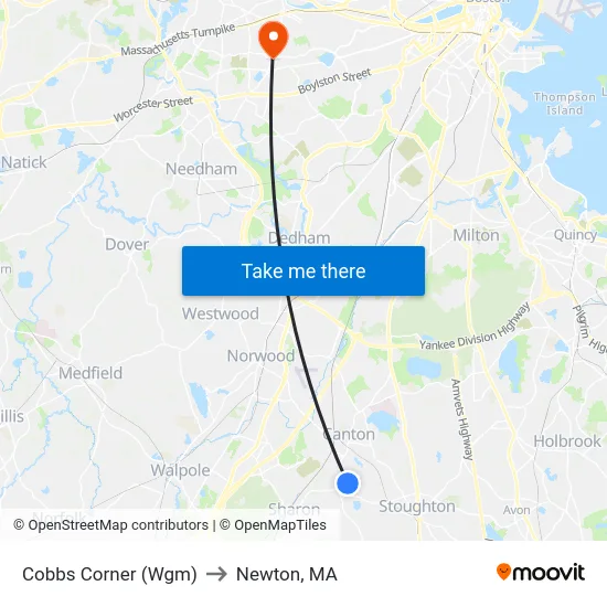 Cobbs Corner (Wgm) to Newton, MA map