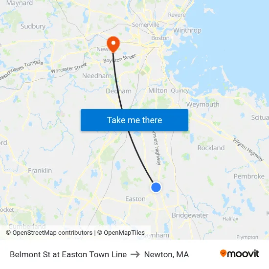 Belmont St at Easton Town Line to Newton, MA map