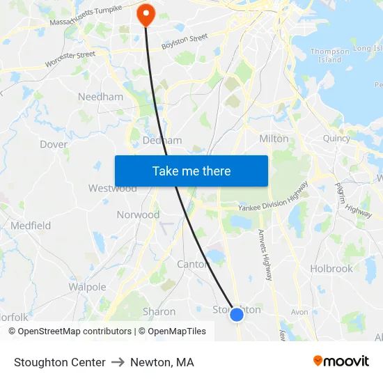 Stoughton Center to Newton, MA map