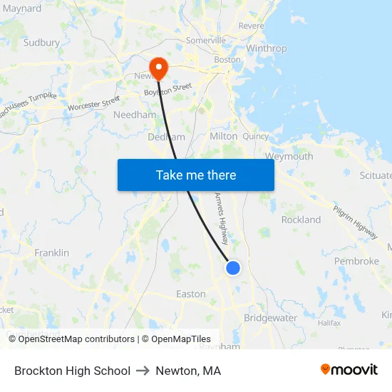 Brockton High School to Newton, MA map