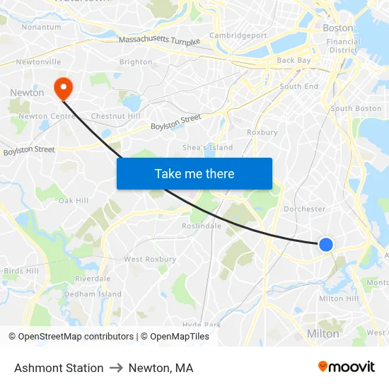 Ashmont Station to Newton, MA map