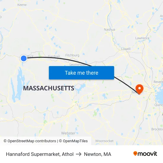 Hannaford Supermarket, Athol to Newton, MA map