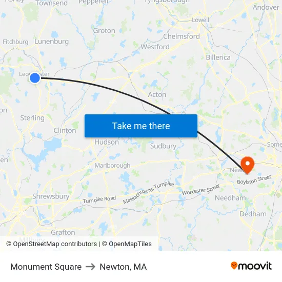 Monument Square to Newton, MA map