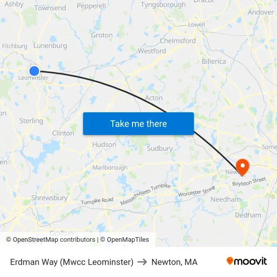 Erdman Way (Mwcc Leominster) to Newton, MA map