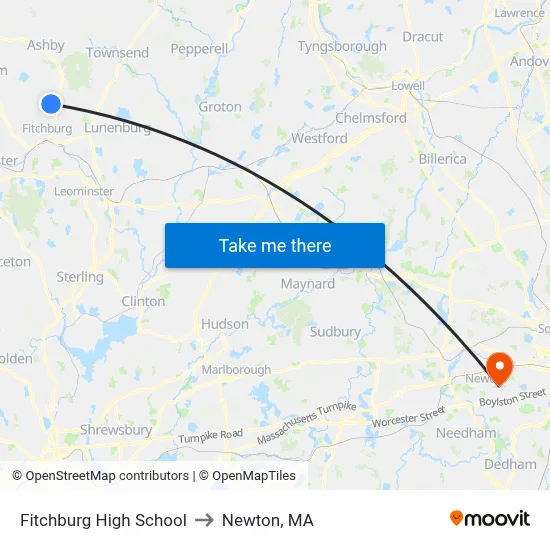 Fitchburg High School to Newton, MA map