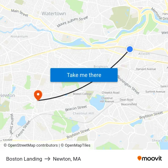 Boston Landing to Newton, MA map