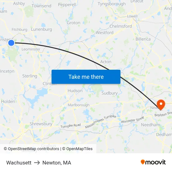 Wachusett to Newton, MA map