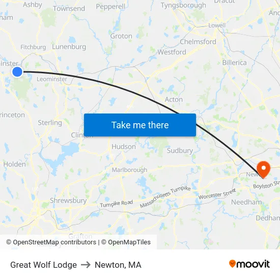 Great Wolf Lodge to Newton, MA map