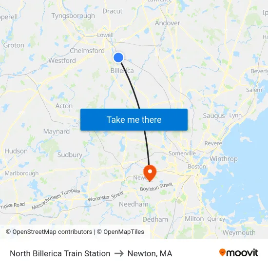 North Billerica Train Station to Newton, MA map