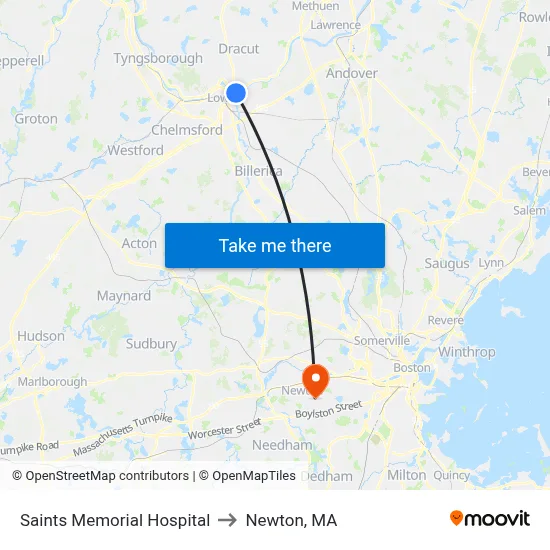 Saints Memorial Hospital to Newton, MA map