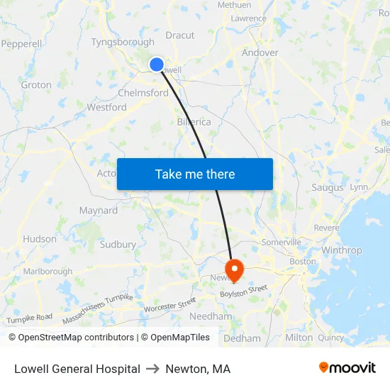 Lowell General Hospital to Newton, MA map