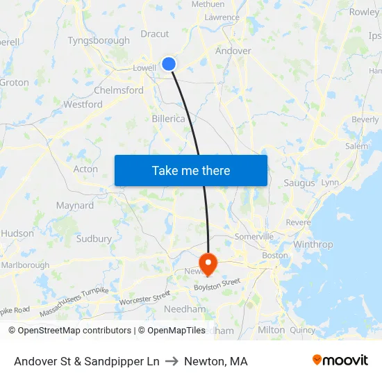 Andover St & Sandpipper Ln to Newton, MA map
