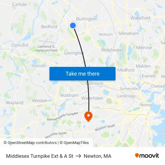 Middlesex Turnpike Ext & A St to Newton, MA map