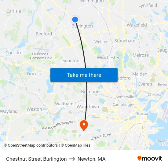 Chestnut Street Burlington to Newton, MA map