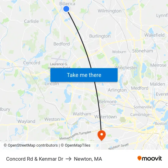Concord Rd & Kenmar Dr to Newton, MA map