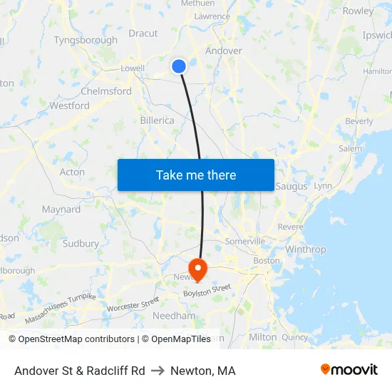 Andover St & Radcliff Rd to Newton, MA map