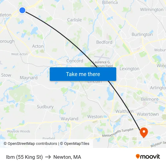 Ibm (55 King St) to Newton, MA map