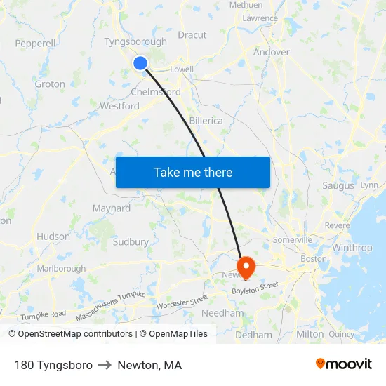 180 Tyngsboro to Newton, MA map