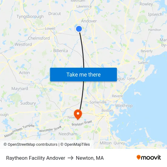 Raytheon Facility Andover to Newton, MA map