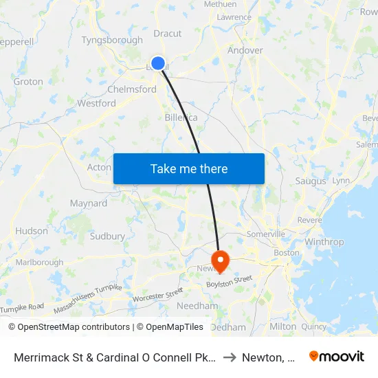 Merrimack St & Cardinal O Connell Pkwy to Newton, MA map