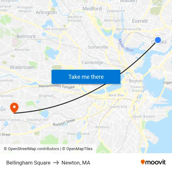Bellingham Square to Newton, MA map