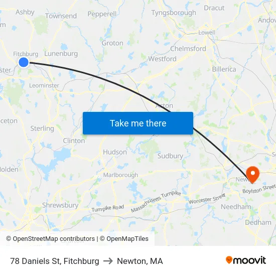 78 Daniels St, Fitchburg to Newton, MA map