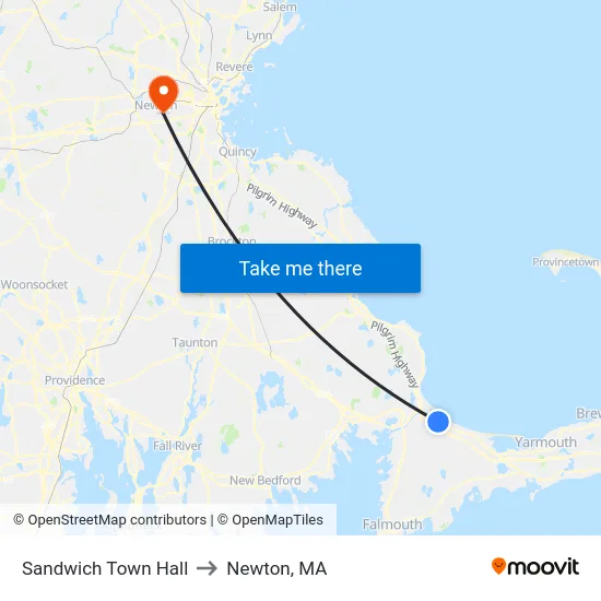 Sandwich Town Hall to Newton, MA map