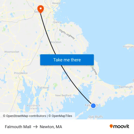 Falmouth Mall to Newton, MA map