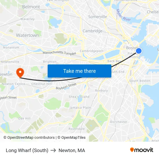 Long Wharf (South) to Newton, MA map