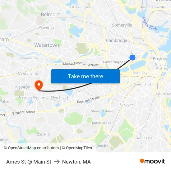 Ames St @ Main St to Newton, MA map