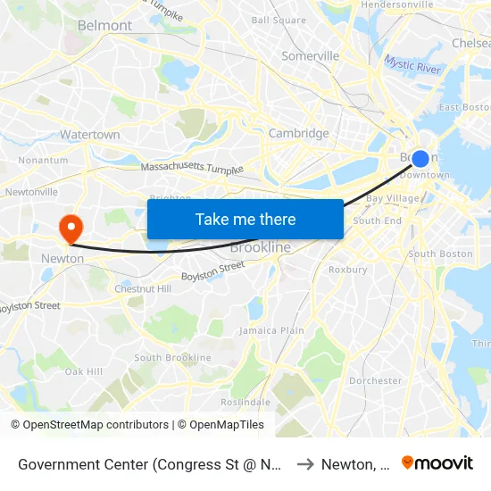 Government Center (Congress St @ North St) to Newton, MA map