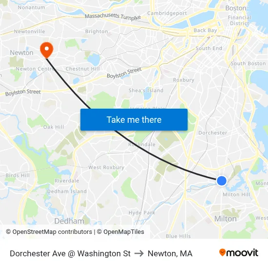 Dorchester Ave @ Washington St to Newton, MA map