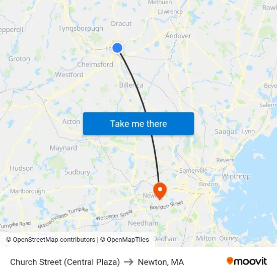 Church Street (Central Plaza) to Newton, MA map