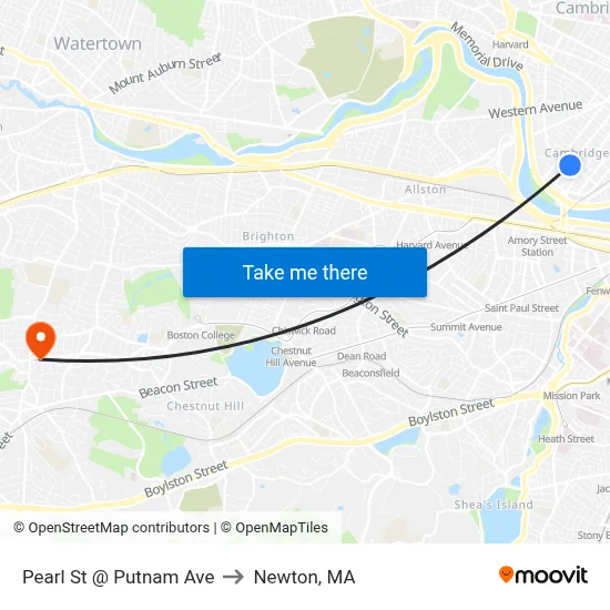 Pearl St @ Putnam Ave to Newton, MA map