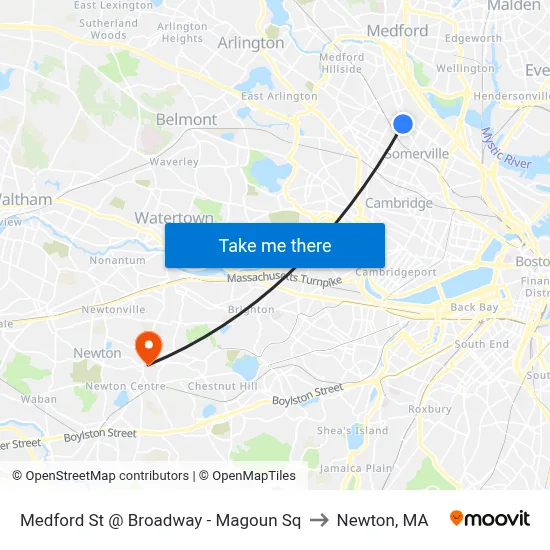 Medford St @ Broadway - Magoun Sq to Newton, MA map