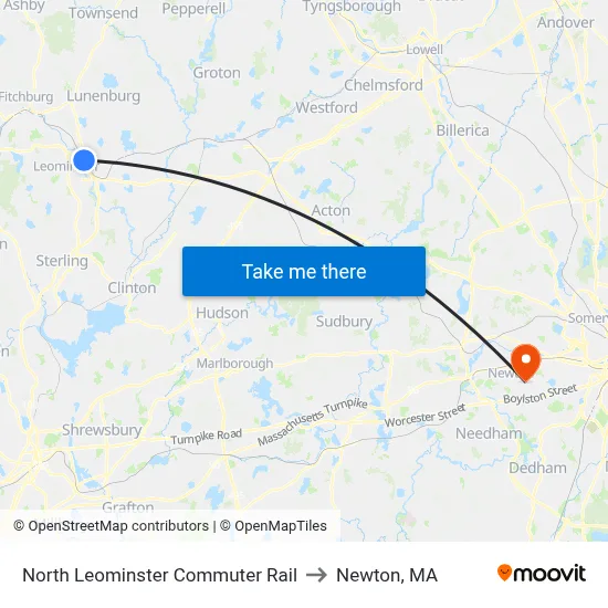 North Leominster Commuter Rail to Newton, MA map