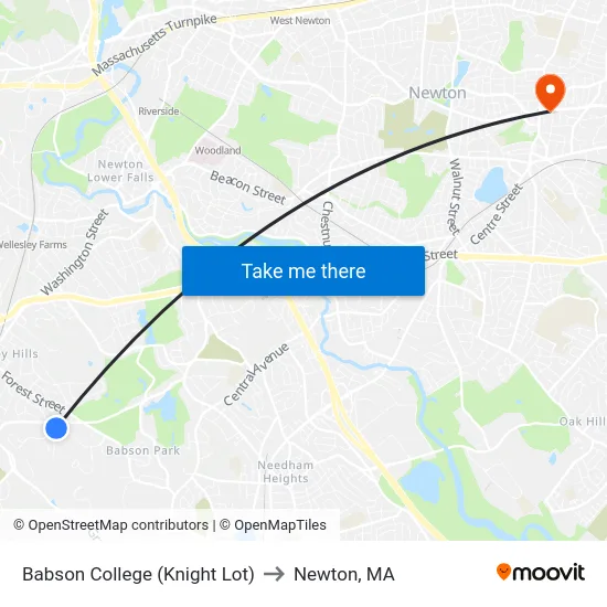 Babson College (Knight Lot) to Newton, MA map