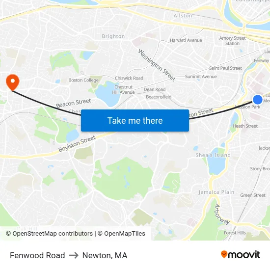 Fenwood Road to Newton, MA map