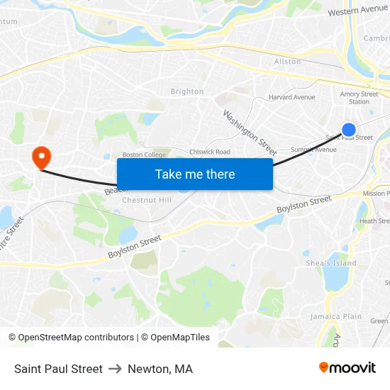 Saint Paul Street to Newton, MA map