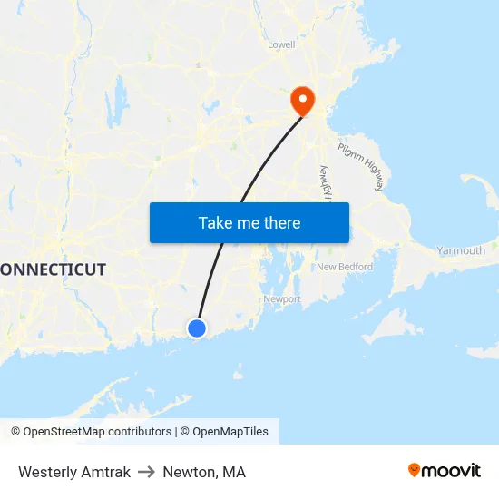 Westerly Amtrak to Newton, MA map