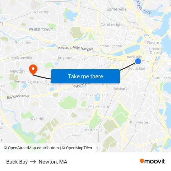 Back Bay to Newton, MA map