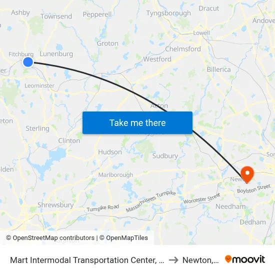 Mart Intermodal Transportation Center, Fitchburg to Newton, MA map