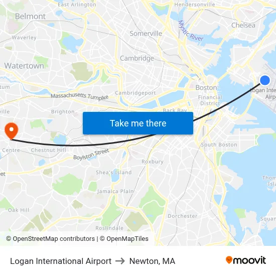 Logan International Airport to Newton, MA map