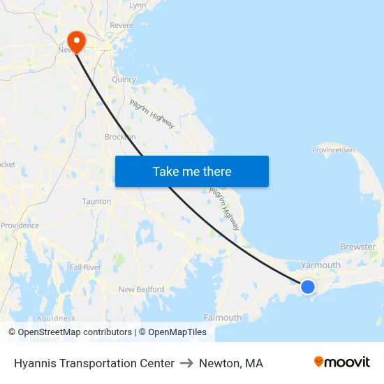 Hyannis Transportation Center to Newton, MA map