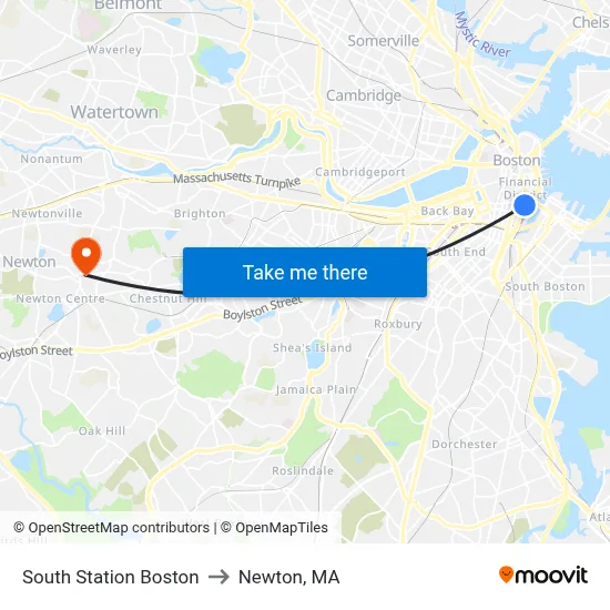 South Station Boston to Newton, MA map