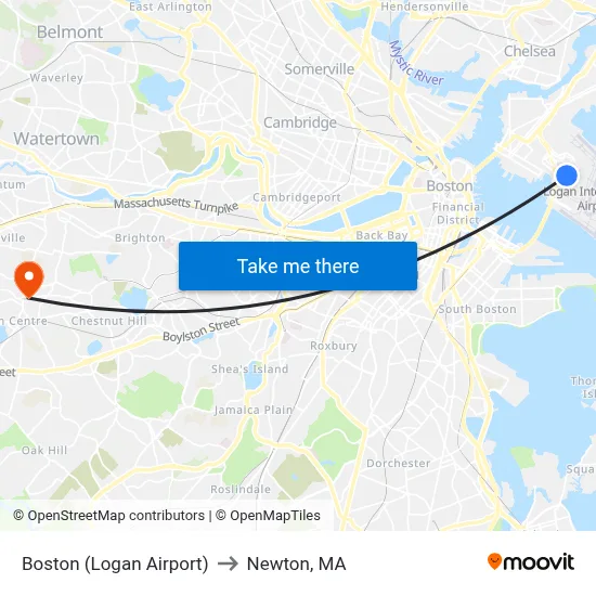 Boston (Logan Airport) to Newton, MA map
