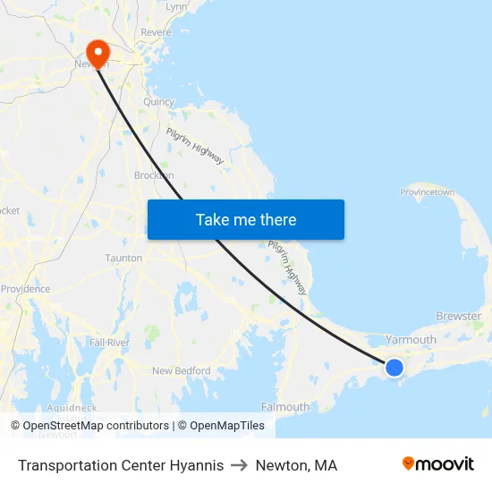 Transportation Center Hyannis to Newton, MA map