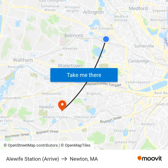 Alewife Station (Arrive) to Newton, MA map